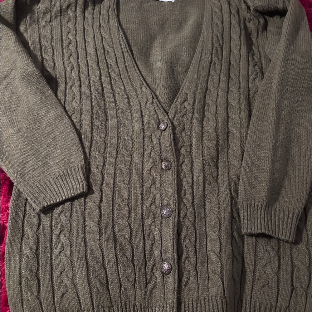 Lucia Petites Olive Cable Knit V-Neck Button Cardigan Sweater - Women